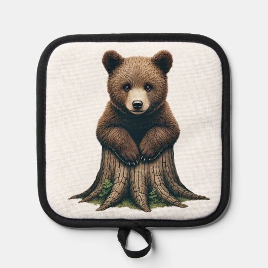 愛らしいクマの子座って木の切り株 鍋敷き (正面)