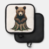 愛らしいクマの子座って木の切り株 鍋敷き (正面/裏面)