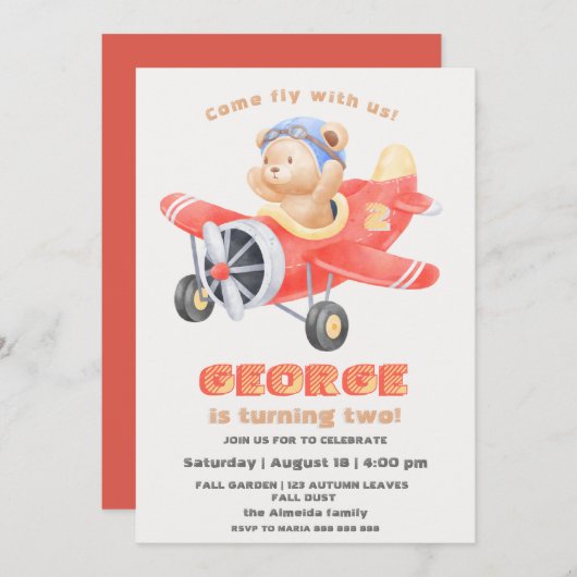 愛らしいクマパイロット飛行機の誕生日の男の子 招待状 (正面/裏面)