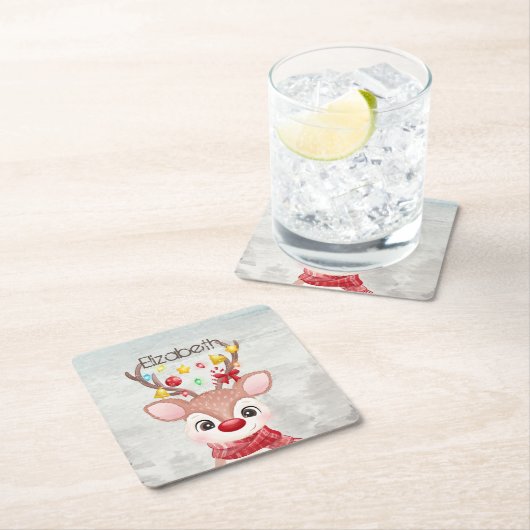 愛らしいクリスマスのトナカイ スクエアペーパーコースター (インサイチュ)