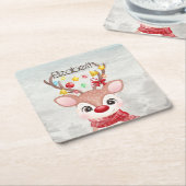 愛らしいクリスマスのトナカイ スクエアペーパーコースター (アングル)