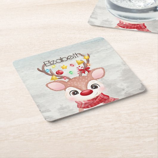 愛らしいクリスマスのトナカイ スクエアペーパーコースター (アングル)
