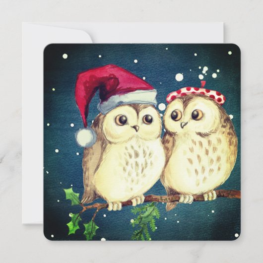 愛らしいクリスマスのフクロウたち シーズンカード (正面)