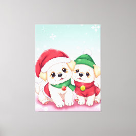 愛らしいクリスマスの子犬たちがフェスティブな帽子を被ったアート キャンバスプリント