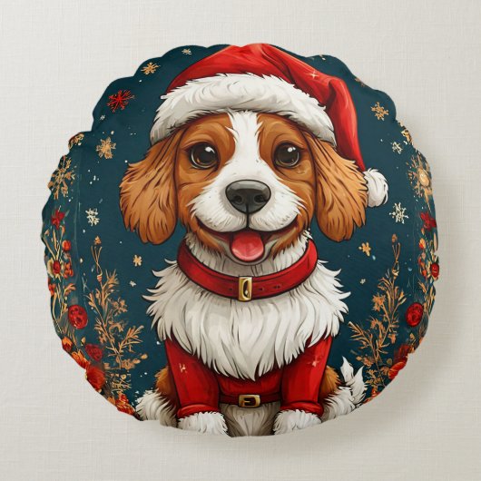 愛らしいクリスマスの子犬 ラウンドクッション (正面)