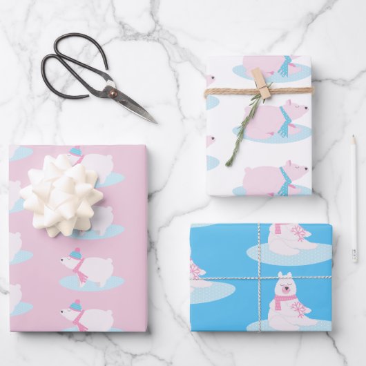 愛らしいクリスマスの極地ふわふわのクマ雪片 ラッピングペーパーシート (正面)