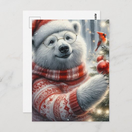 愛らしいクリスマスの極熊と(鳥)ショウジョウコウカンチョウ鳥 ポストカード (正面/裏面)