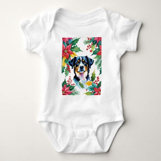 愛らしいクリスマスの犬とポインセチア ベビーボディスーツ (正面)