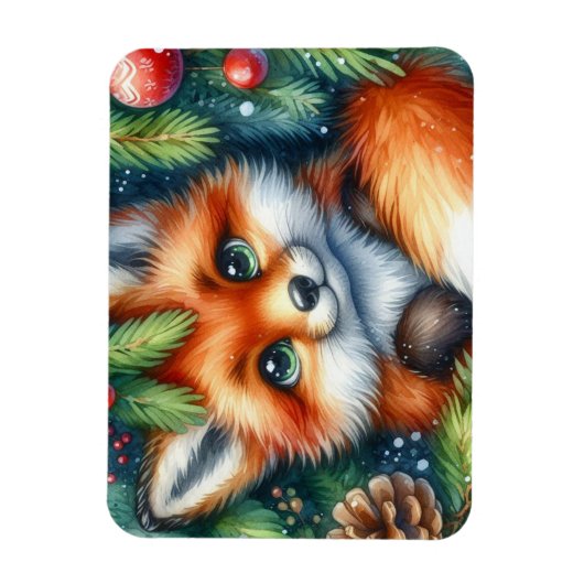 愛らしいクリスマスの赤い狐 マグネット (縦)