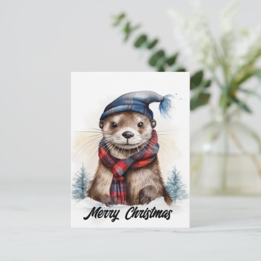 愛らしいクリスマスオッターブルーハットレッドスカーフ ポストカード (スタンド正面)