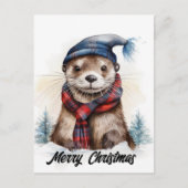 愛らしいクリスマスオッターブルーハットレッドスカーフ ポストカード (正面)