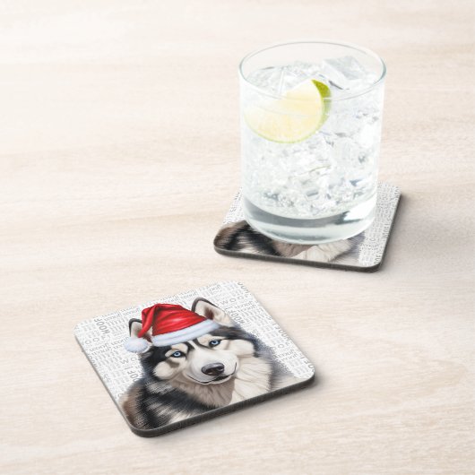 愛らしいクリスマスシベリアのハスキーのワードアート コースター (右側)