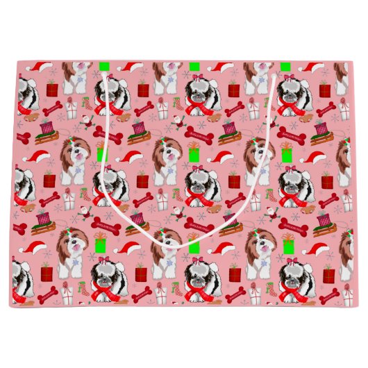 愛らしいクリスマスシーズー（犬）Tzuパターン ラージペーパーバッグ (正面)