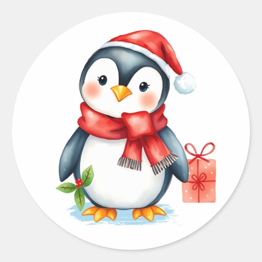 愛らしいクリスマスツリーのペンギン ラウンドシール (正面)