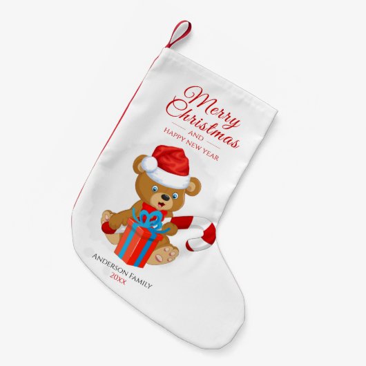 愛らしいクリスマステディ |クリスマスパーソナライズされた。 スモールクリスマスストッキング (正面 (吊り時))