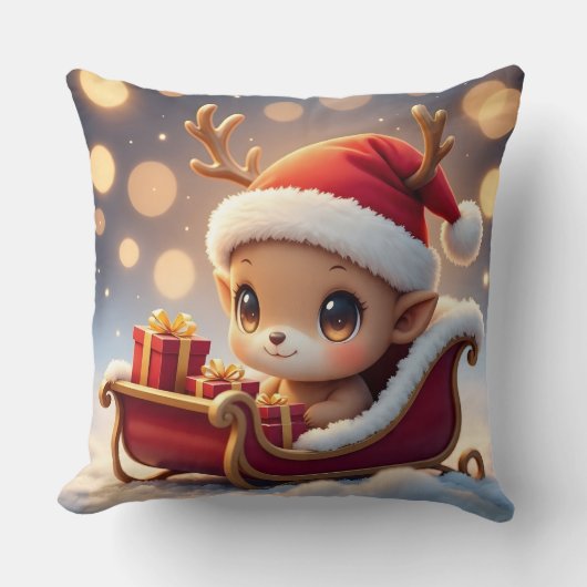 "愛らしいクリスマストナカイのソリ枕のデザイン クッション (正面)