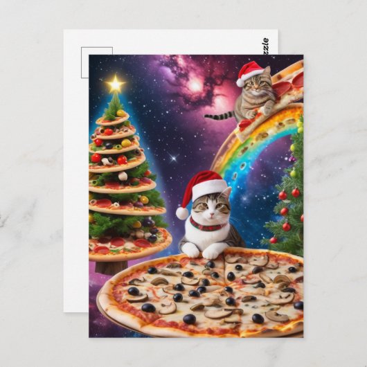 愛らしいクリスマスピザ猫 ポストカード (正面/裏面)