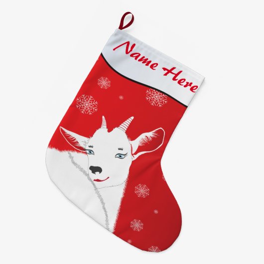 愛らしいクリスマスヤギここに名前を赤くした ラージクリスマスストッキング (正面 (吊り時))