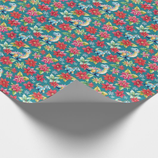 愛らしいクリスマス恐竜&ポインセチア ラッピングペーパー (角)