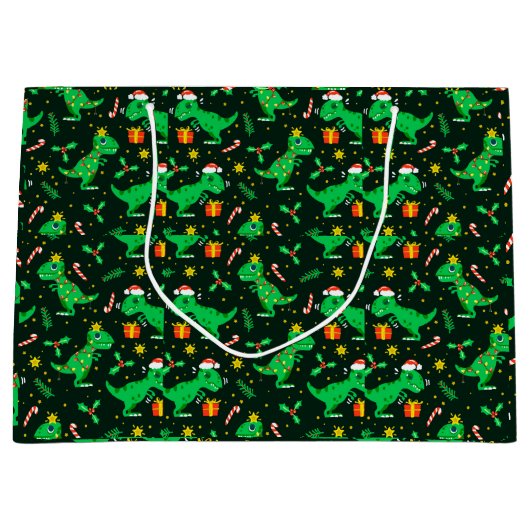 愛らしいクリスマス愛らしい漫画恐竜 ラージペーパーバッグ (正面)