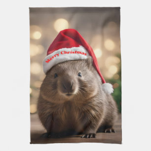 愛らしいクリスマス・ウォンバット キッチンタオル