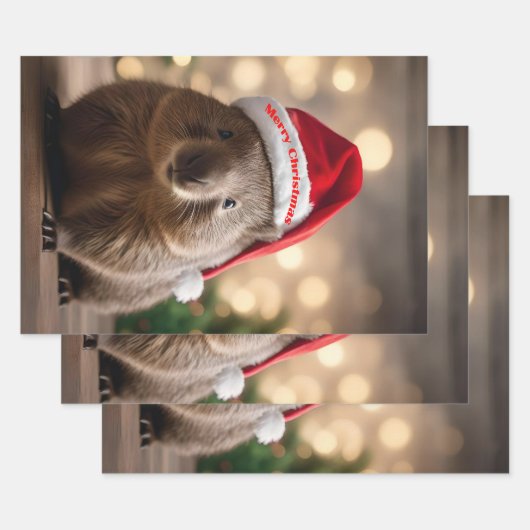 愛らしいクリスマス・ウォンバット ラッピングペーパーシート (セット)