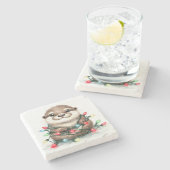 愛らしいクリスマス・オッター ストーンコースター (横)