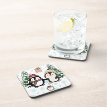 愛らしいクリスマス ペンギンカップル ハードプラスチック コースター