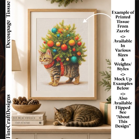 愛らしいクリスマツリーを背負う猫/子猫のデコパージュ FN8L 薄葉紙