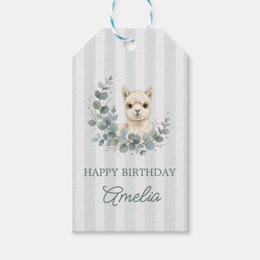 愛らしいクリーム色の水彩アルパカの誕生日 ギフトタグ (正面)