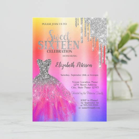 愛らしいグリッターがしたたり落ちる、オンブレのメタリックドレス 招待状 (スタンド正面)