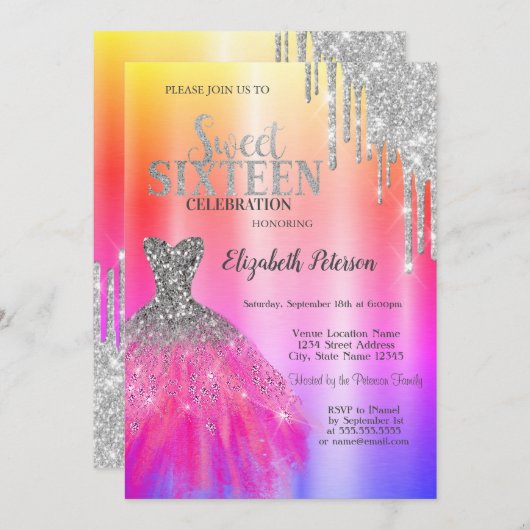 愛らしいグリッターがしたたり落ちる、オンブレのメタリックドレス 招待状 (正面/裏面)