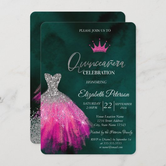 愛らしいグリッタードレス、ダイヤモンドグリーンスウィート15インチ 招待状 (正面/裏面)