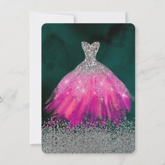 愛らしいグリッタードレス、ダイヤモンドグリーンスウィート15インチ 招待状 (裏面)