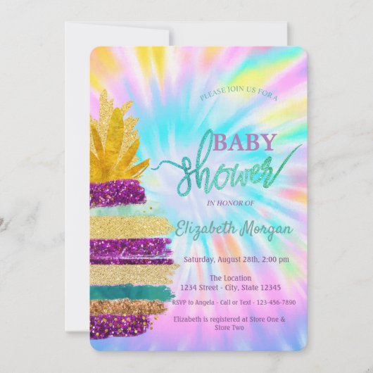 愛らしいグリッターパイナップル絞り染めベビーシャワー 招待状 (正面)