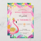 愛らしいグリッターピンクフラミンゴパーム葉 招待状 (正面/裏面)