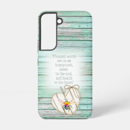 愛らしいグリーンの木製ハートと虹のビー聖句入り SAMSUNG GALAXY S22ケース