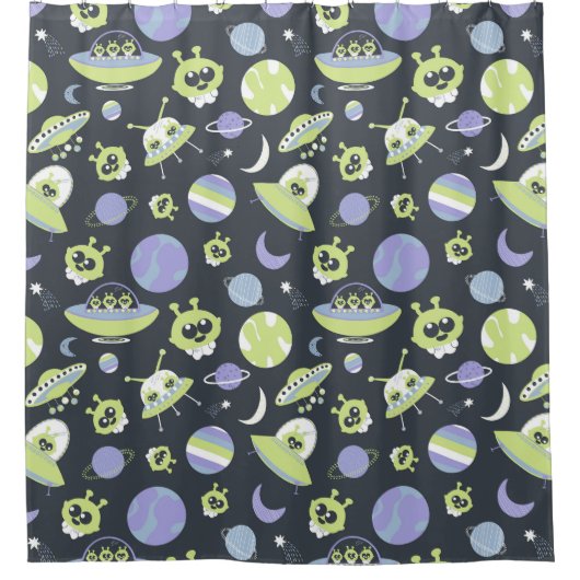 愛らしいグリーンエイリアン宇宙船UFO子供 シャワーカーテン (正面)