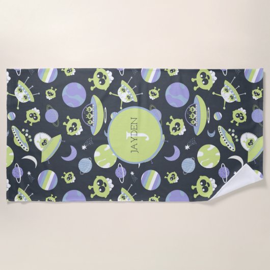 愛らしいグリーンエイリアン宇宙船UFO子供 ビーチタオル (正面)