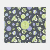 愛らしいグリーンエイリアン宇宙船UFO子供 フリースブランケット (正面(横))