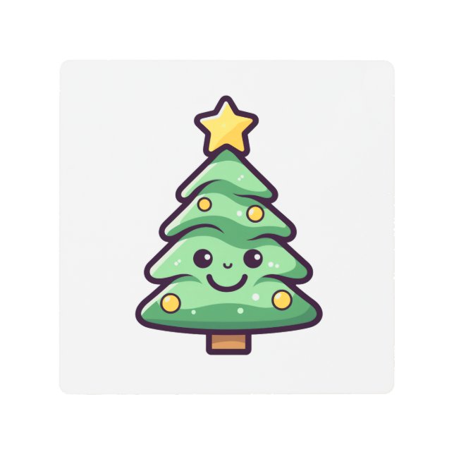 愛らしいグリーンクリスマスツリーキャラクター メタルプリント (正面)