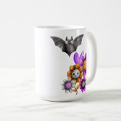 愛らしいグレーのハロウィーン猫と花こうもり コーヒーマグカップ (正面右)
