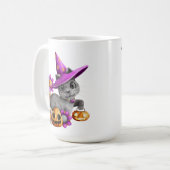 愛らしいグレーのハロウィーン猫と花こうもり コーヒーマグカップ (正面左)