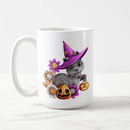 愛らしいグレーのハロウィーン猫と花こうもり コーヒーマグカップ (左)