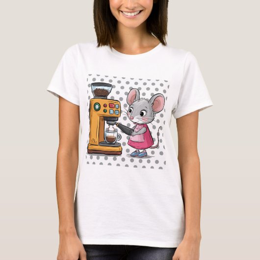 愛らしいグレーのマウス作りコーヒー Tシャツ (正面)