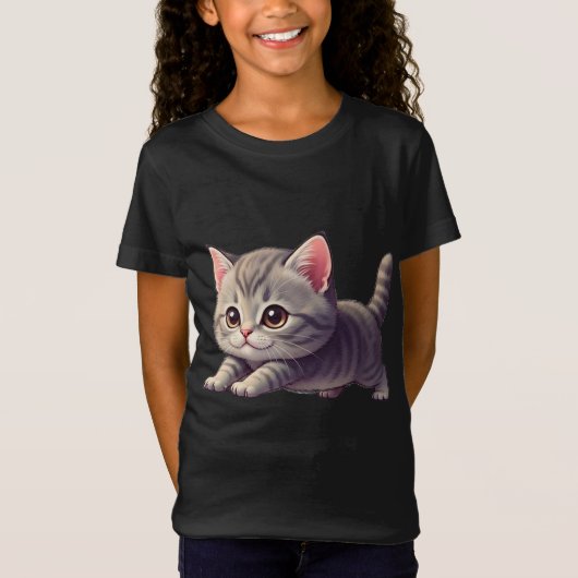 愛らしいグレー+タビー+子猫の元気な飛び跳ね Tシャツ (正面)