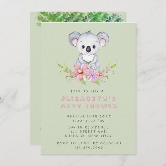 愛らしいコアラベアーガールベビーシャワー 招待状 (正面/裏面)