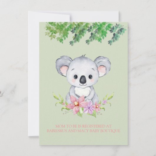 愛らしいコアラベアーガールベビーシャワー 招待状 (裏面)