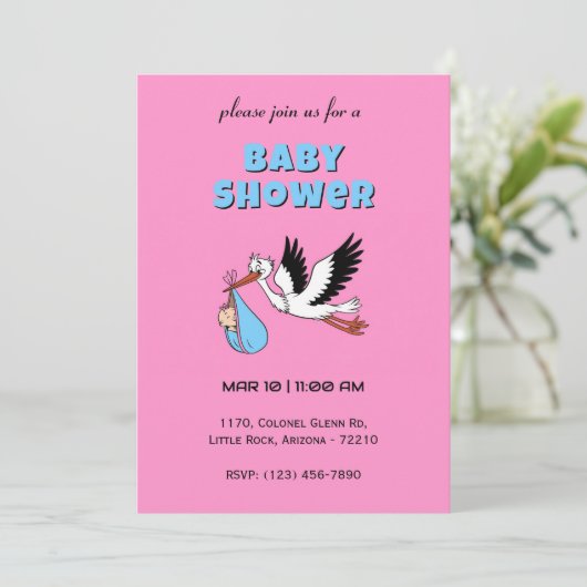 愛らしいコウノトリがベビーの赤ちゃんシャワーカードを届ける 招待状 (スタンド正面)