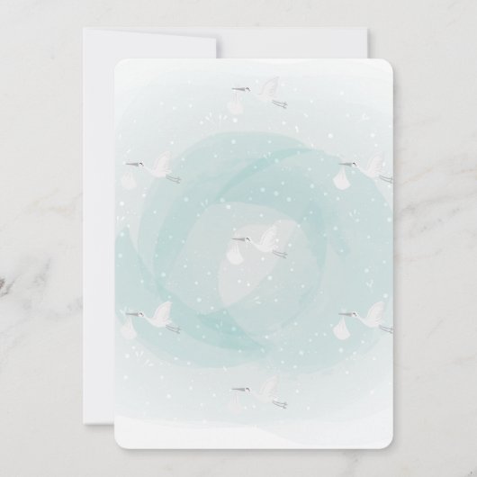 愛らしいコウノトリのメールボックス青い花ベビーシャワー 招待状 (裏面)